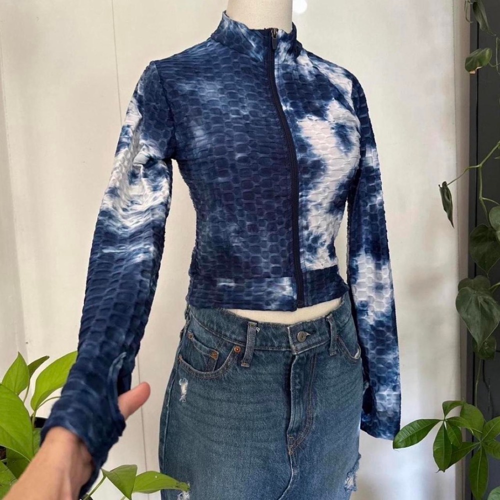 Hot Kiss Womens Blue Tie Dye Cropped Zip Up Jacket Textured Y2K Medium